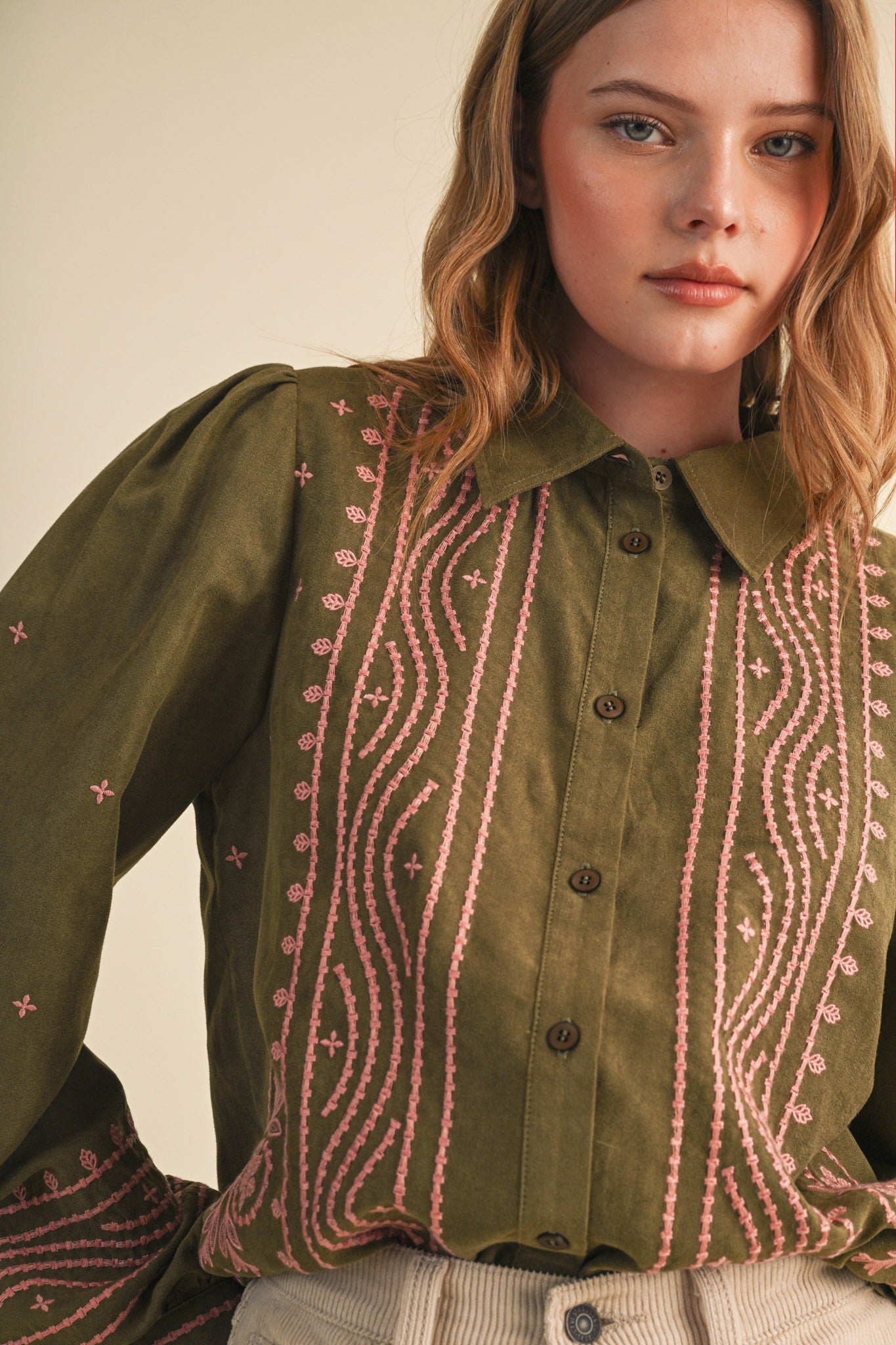 Fable Stitch Embroidered Faux Suede Shirt - Westly