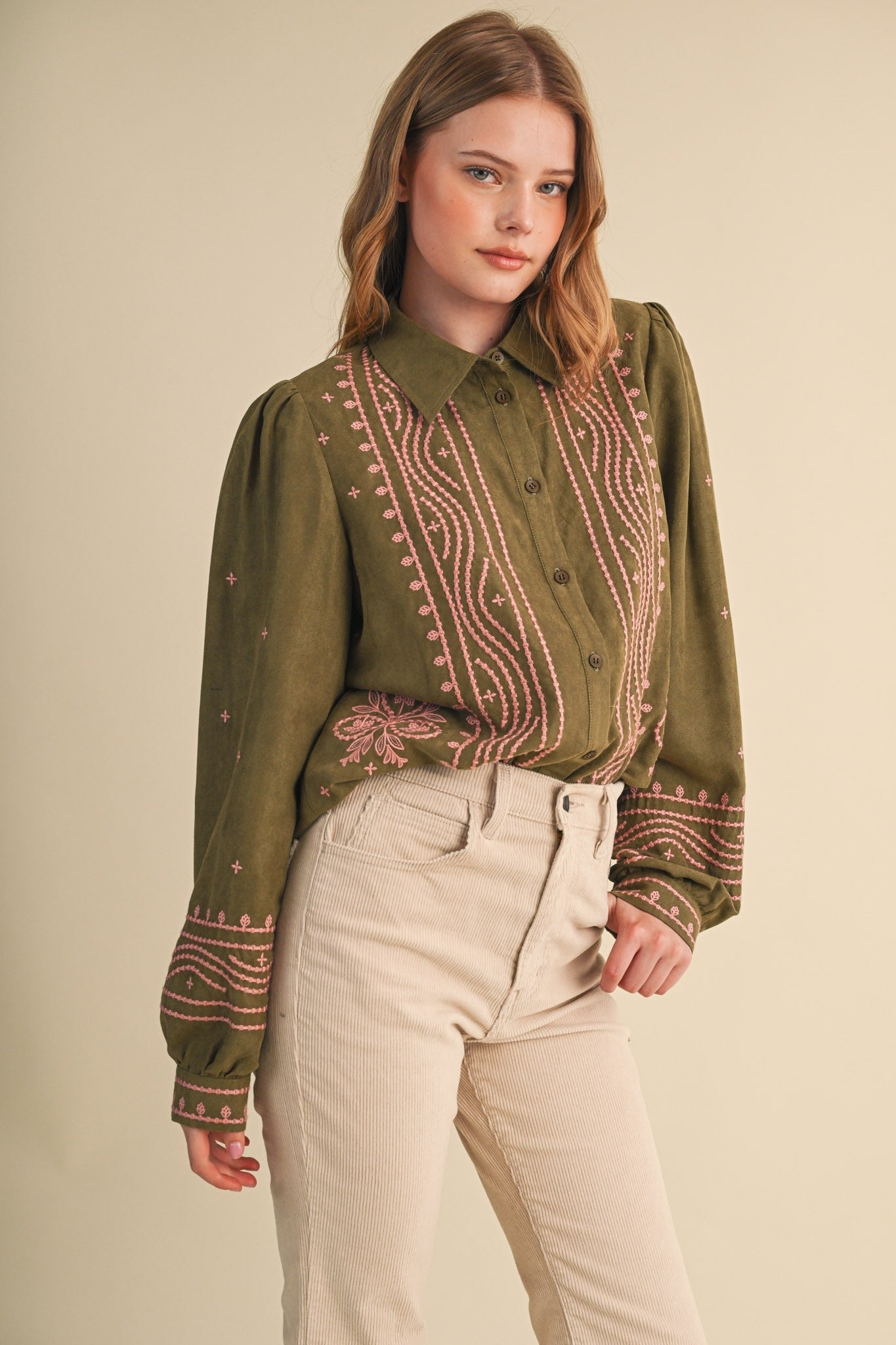 Fable Stitch Embroidered Faux Suede Shirt - Westly