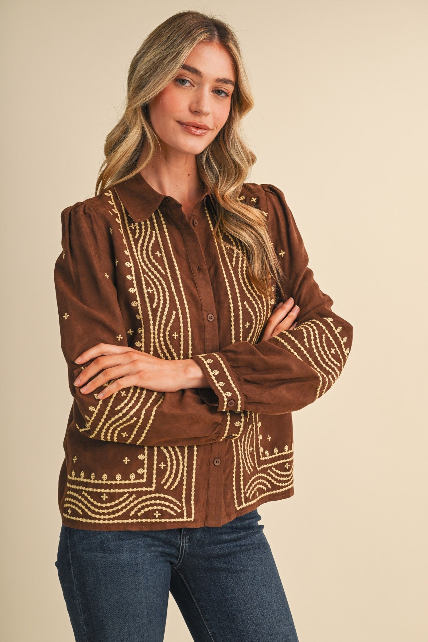 Fable Stitch Embroidered Faux Suede Shirt - Westly