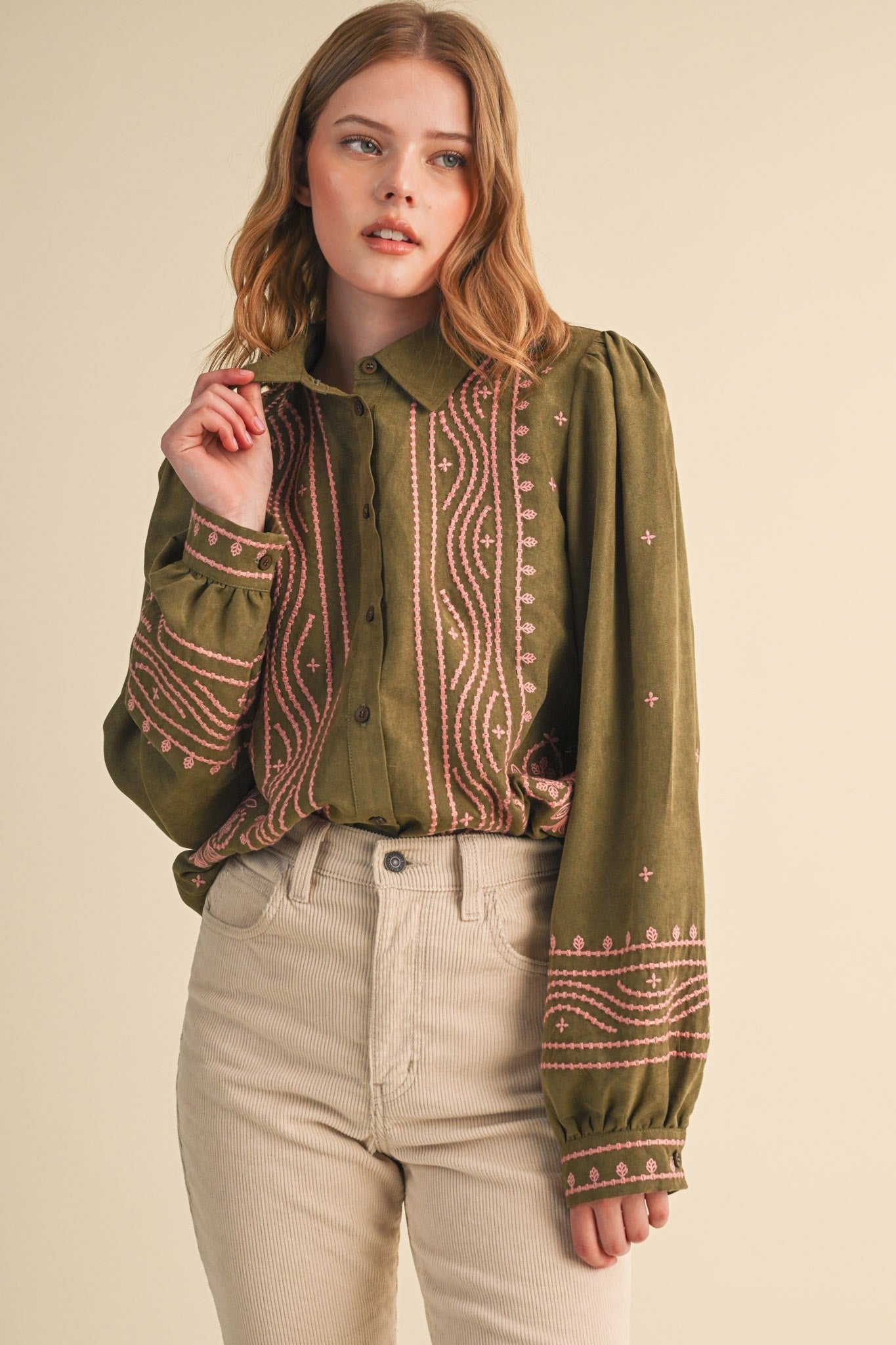 Fable Stitch Embroidered Faux Suede Shirt - Westly