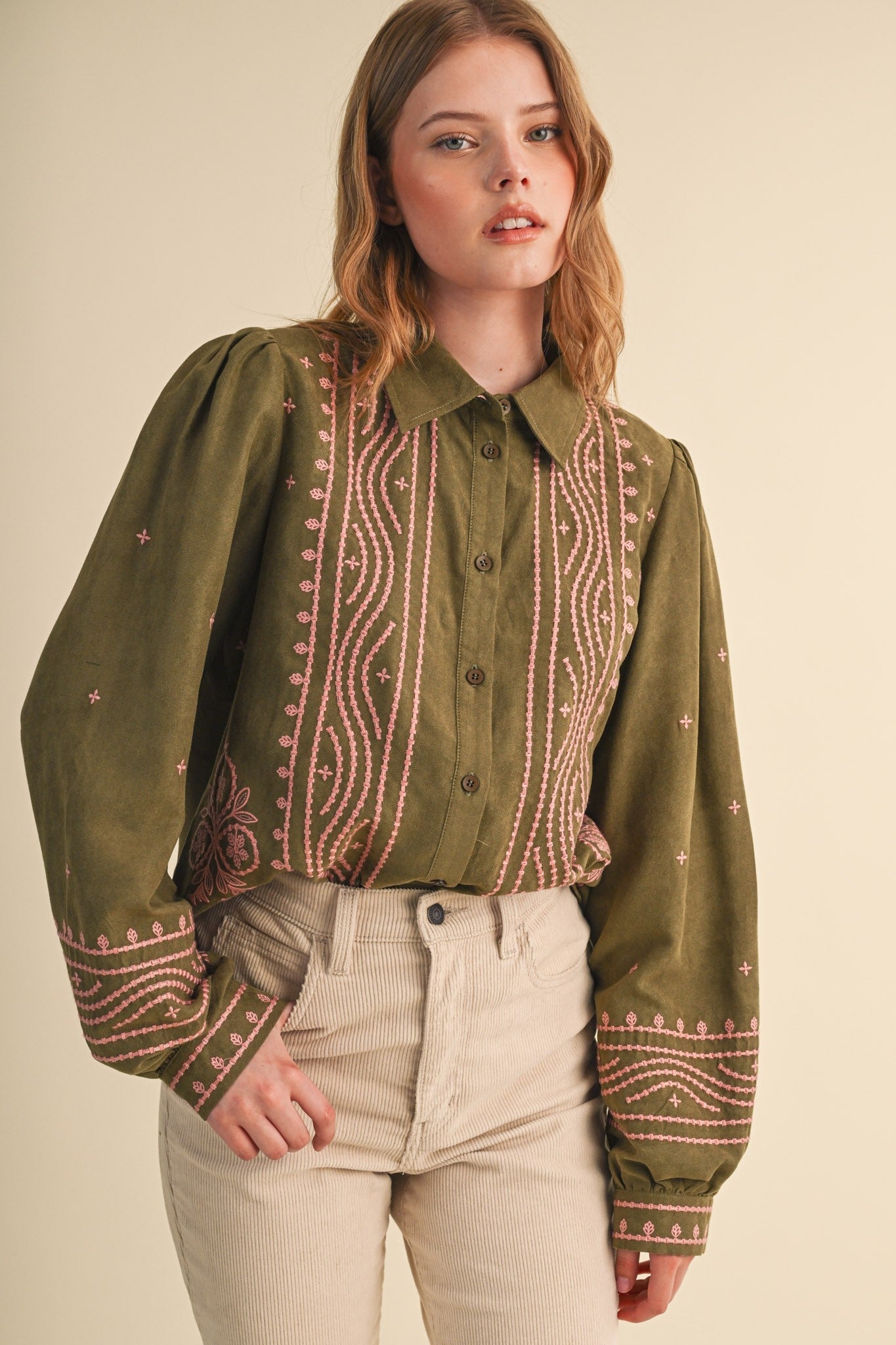 Fable Stitch Embroidered Faux Suede Shirt - Westly