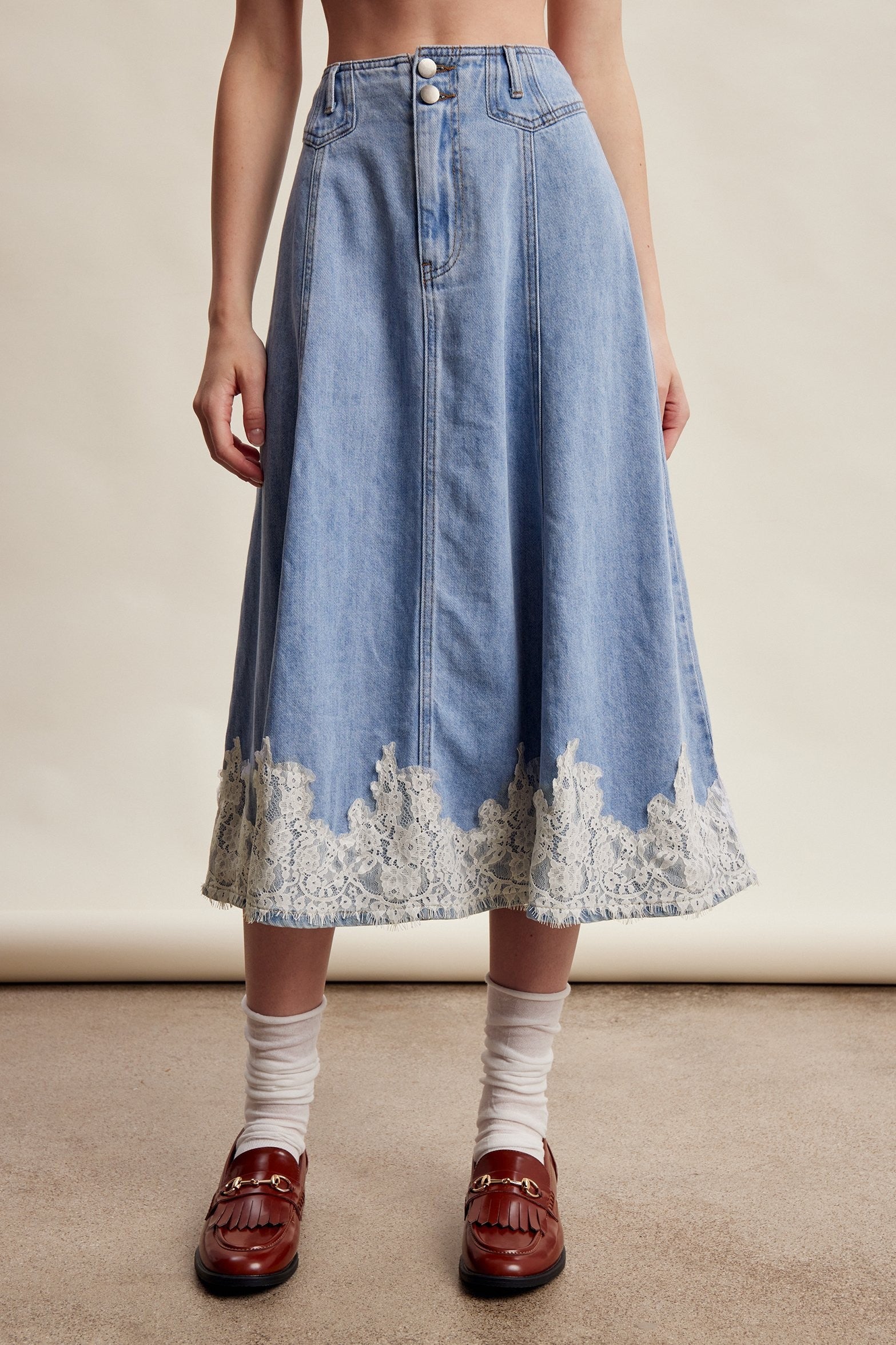 Fablebrook Lace Trim Denim Midi Skirt - Blue Haze