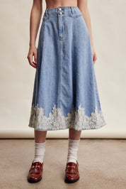Fablebrook Lace Trim Denim Midi Skirt - Blue Haze