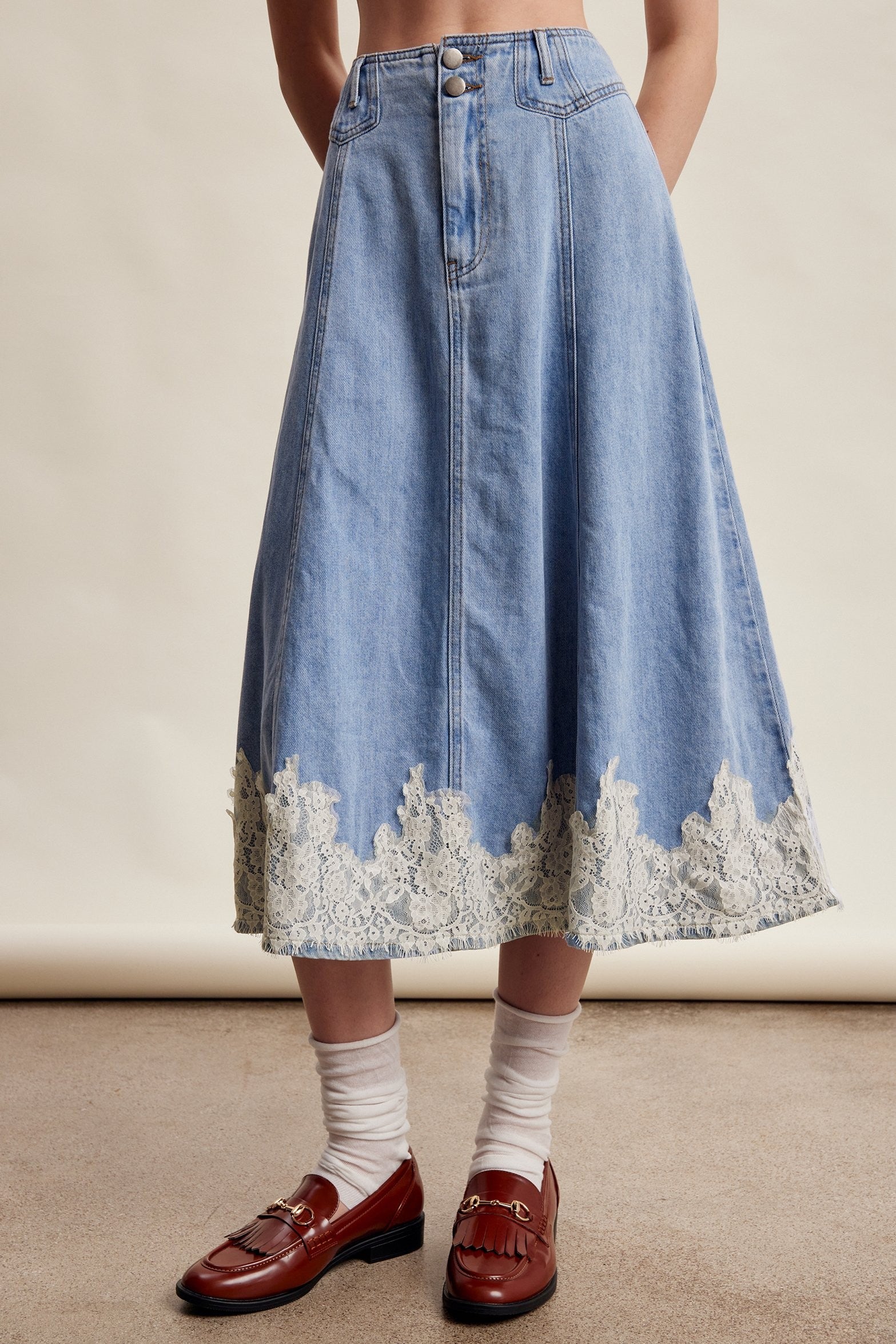 Fablebrook Lace Trim Denim Midi Skirt - Blue Haze