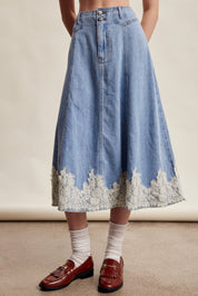 Fablebrook Lace Trim Denim Midi Skirt - Blue Haze