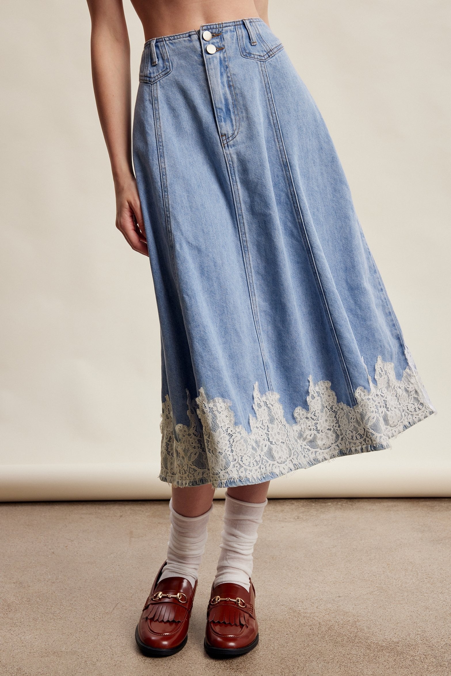 Fablebrook Lace Trim Denim Midi Skirt - Blue Haze