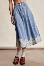 Fablebrook Lace Trim Denim Midi Skirt - Blue Haze
