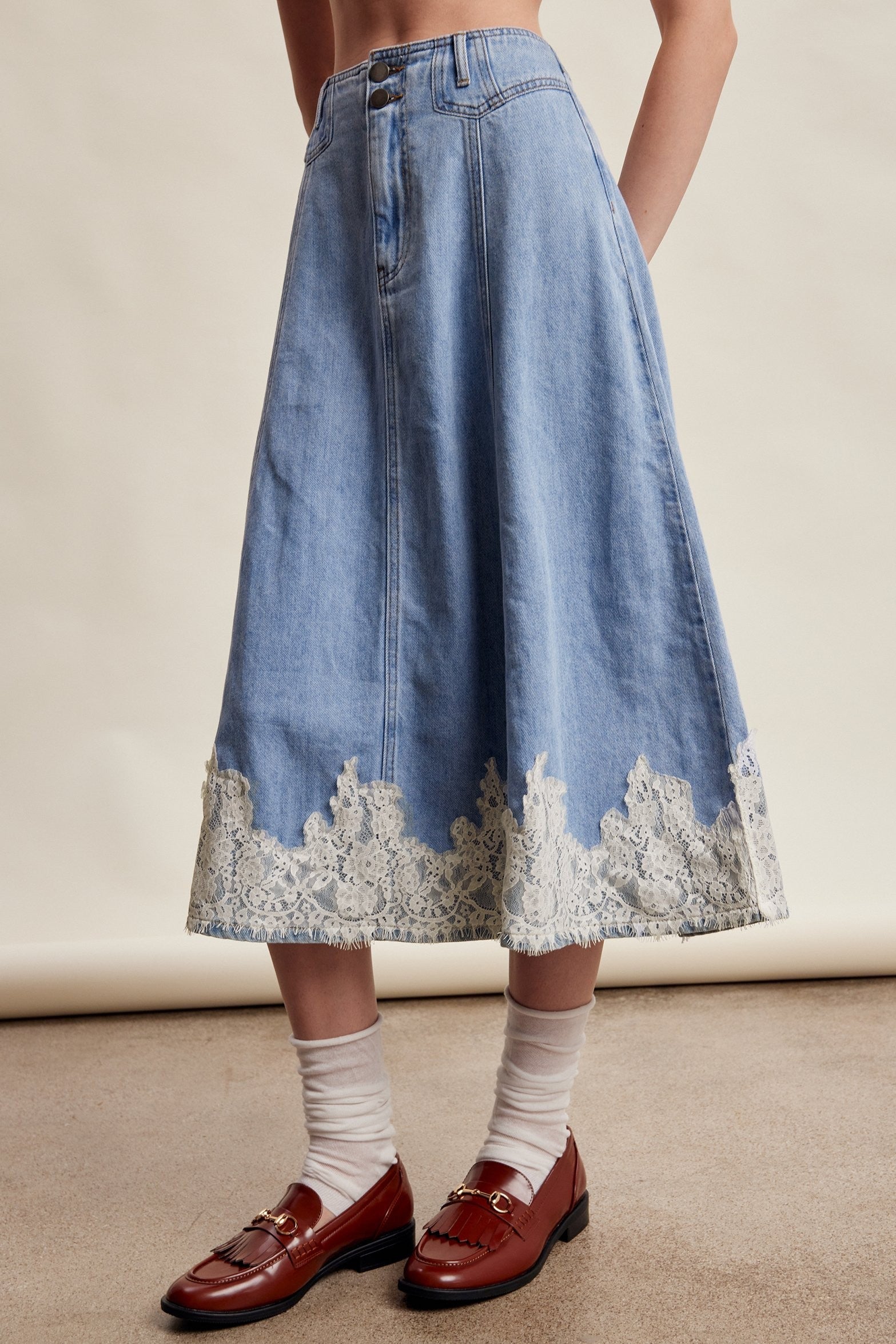 Fablebrook Lace Trim Denim Midi Skirt - Blue Haze