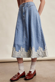 Fablebrook Lace Trim Denim Midi Skirt - Blue Haze