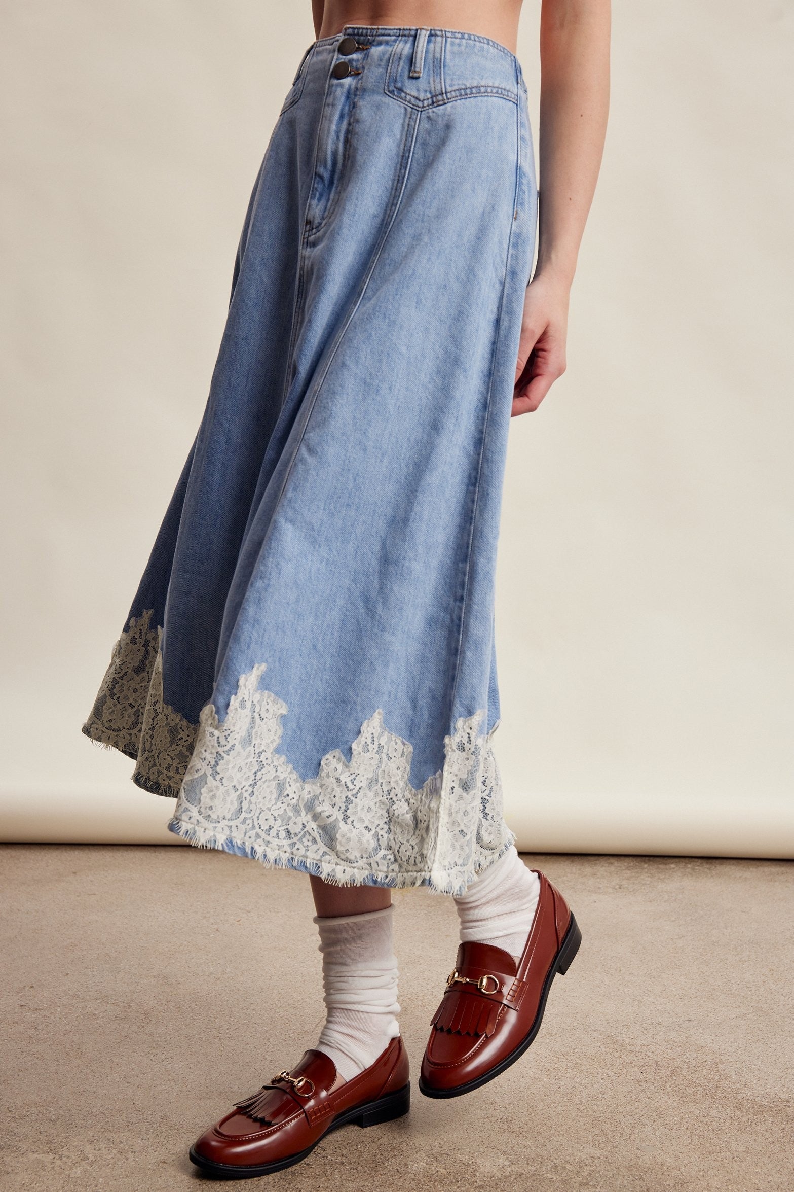 Fablebrook Lace Trim Denim Midi Skirt - Blue Haze