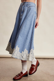 Fablebrook Lace Trim Denim Midi Skirt - Blue Haze