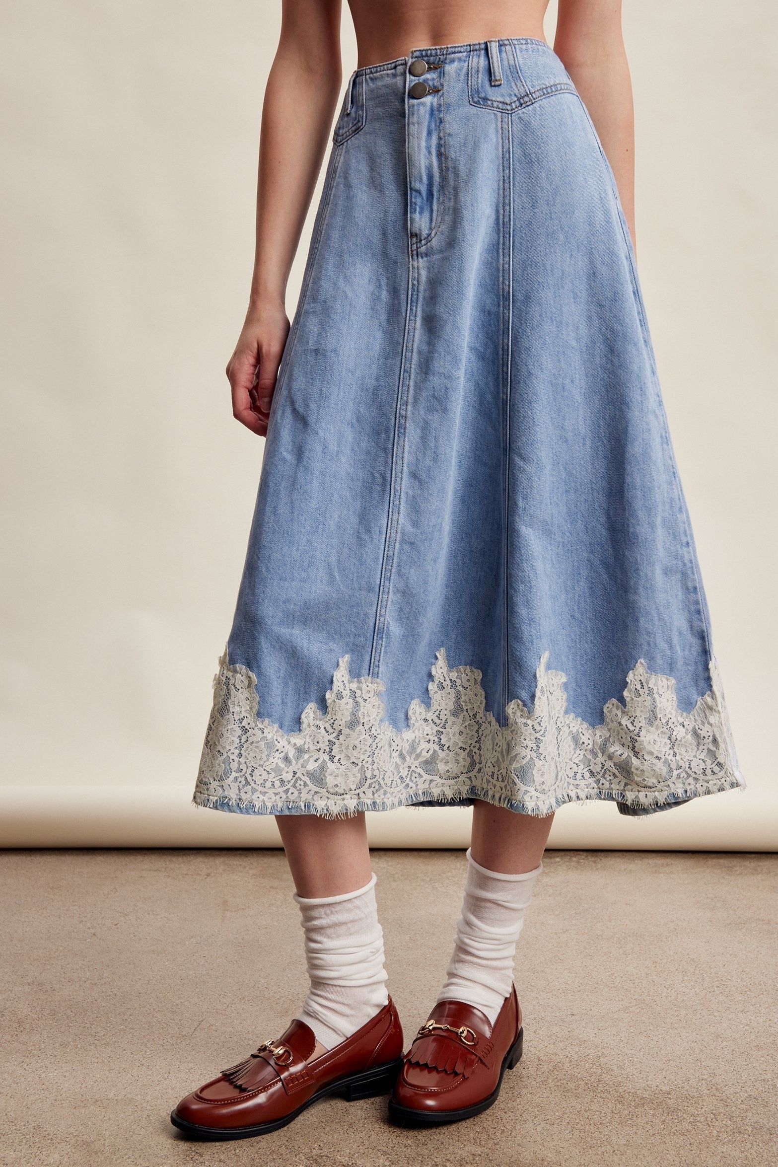Fablebrook Lace Trim Denim Midi Skirt - Blue Haze