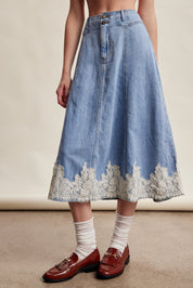 Fablebrook Lace Trim Denim Midi Skirt - Blue Haze