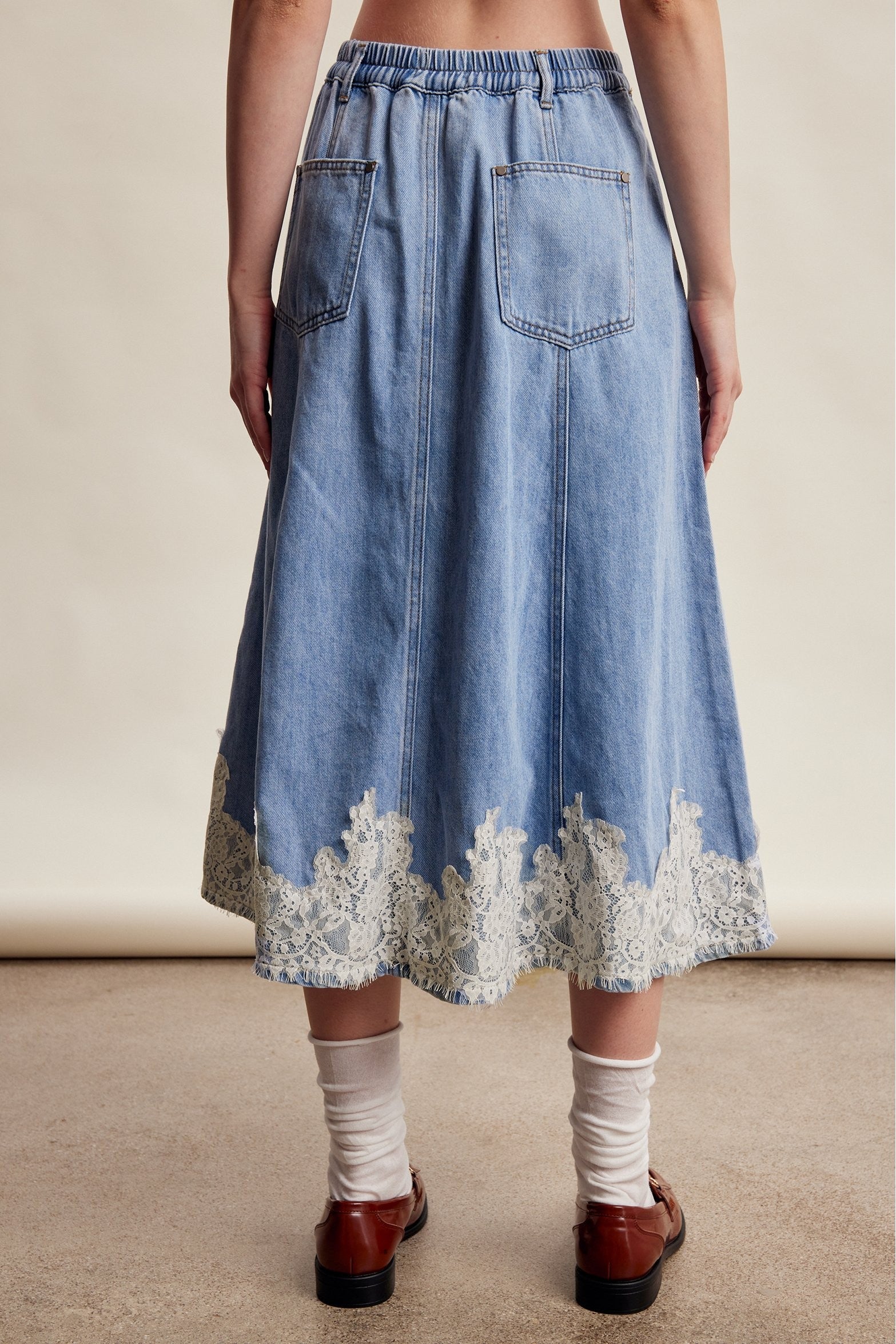 Fablebrook Lace Trim Denim Midi Skirt - Blue Haze