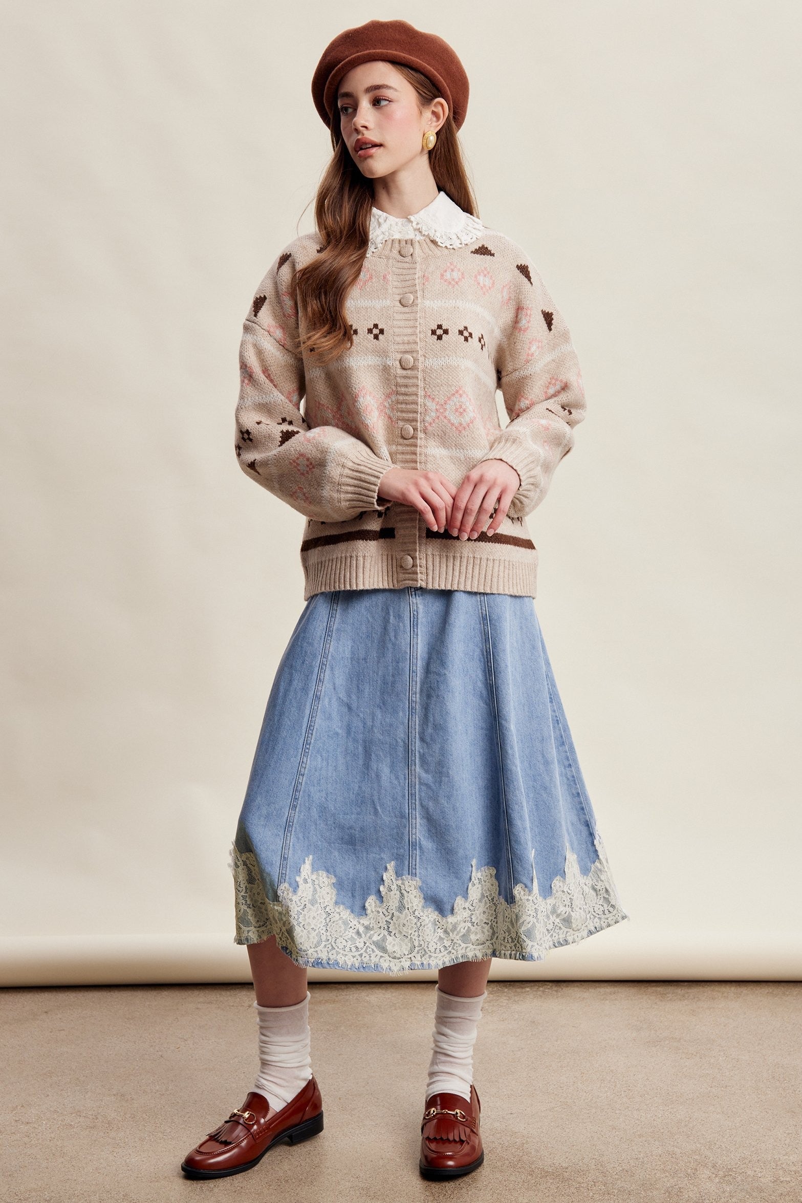 Fablebrook Lace Trim Denim Midi Skirt - Blue Haze
