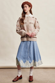Fablebrook Lace Trim Denim Midi Skirt - Blue Haze