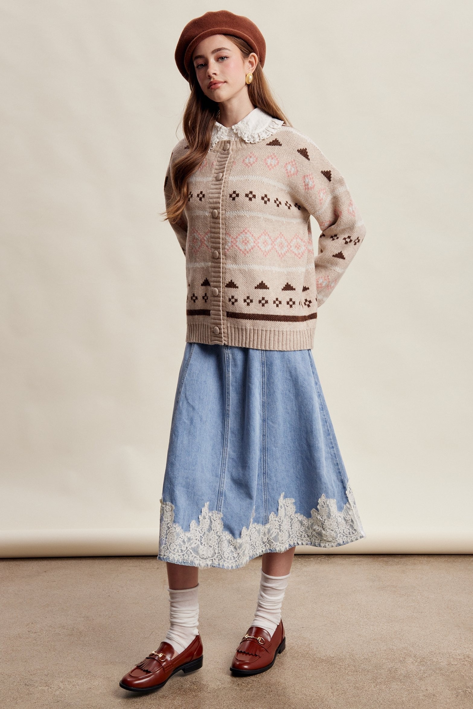 Fablebrook Lace Trim Denim Midi Skirt - Blue Haze