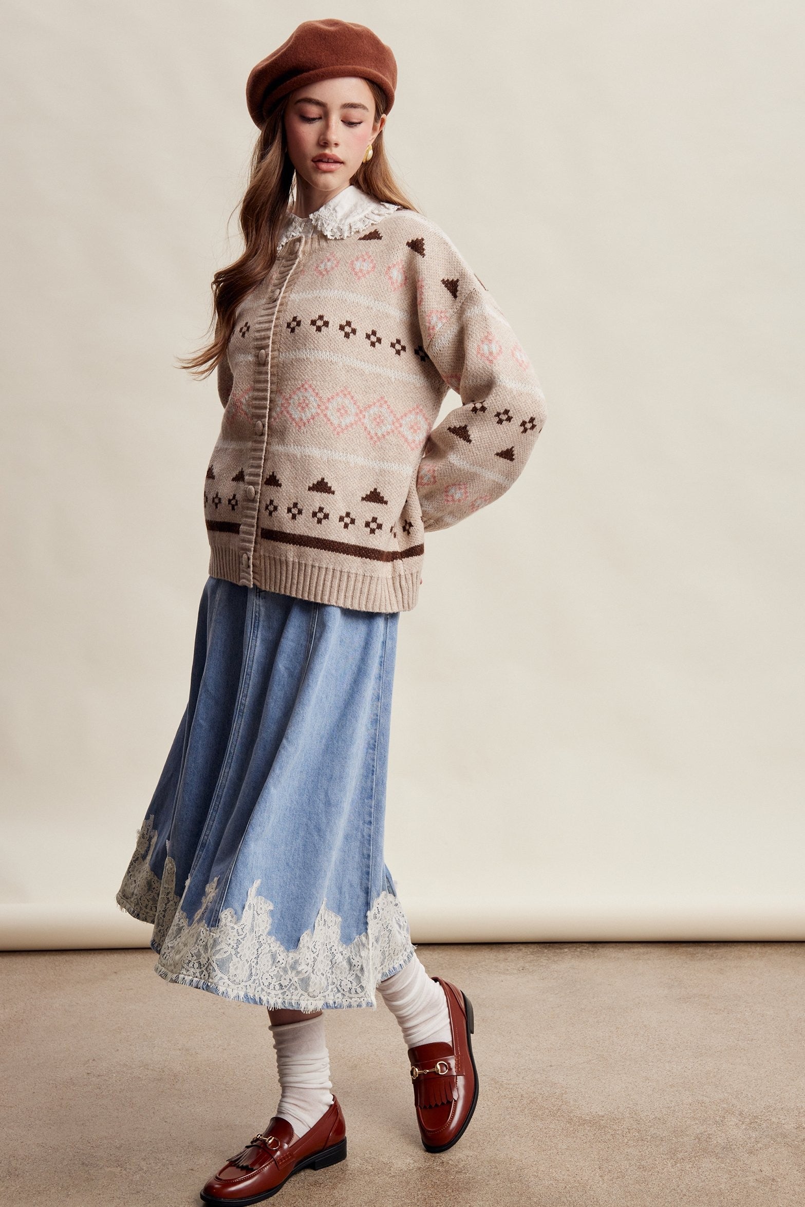 Fablebrook Lace Trim Denim Midi Skirt - Blue Haze