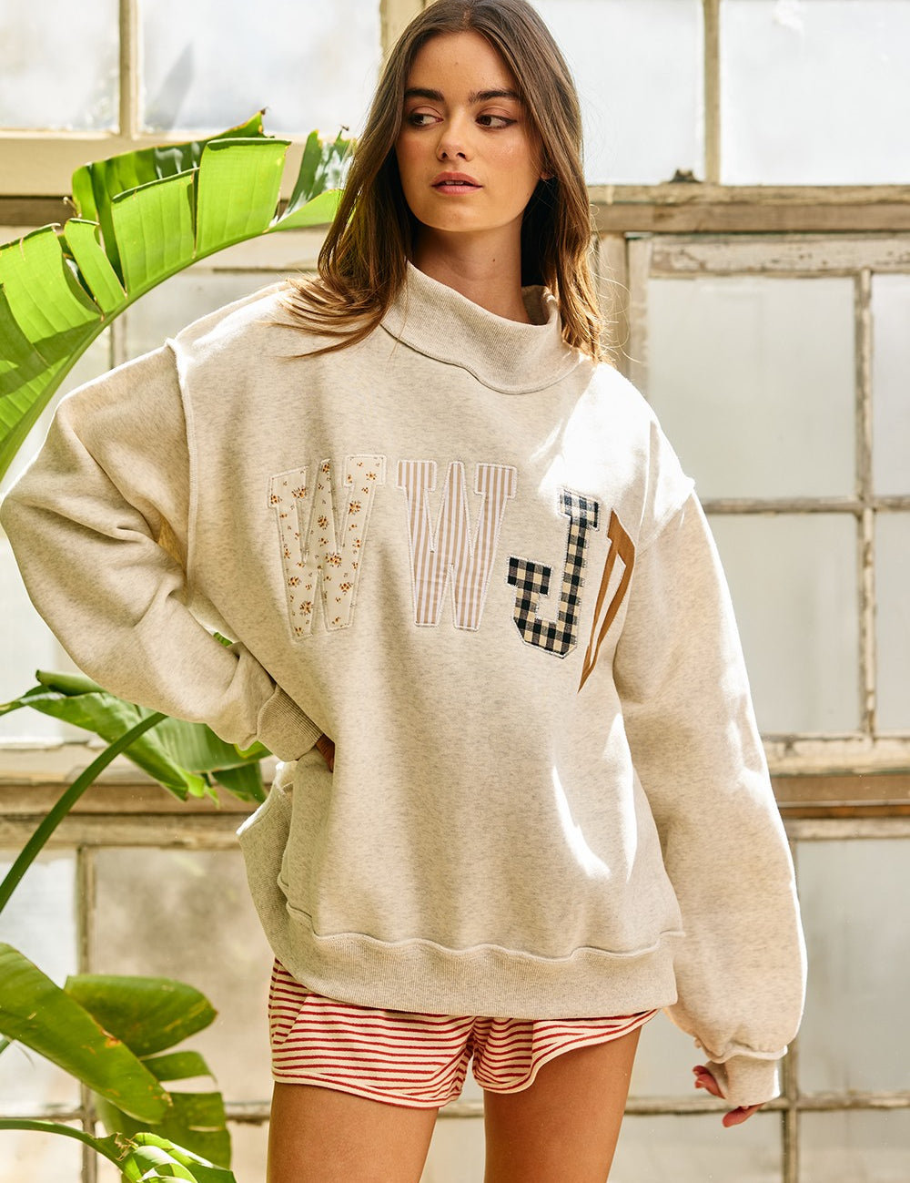 Faith Lettering WWJD Mock Neck Sweatshirt in Ash Grey - product photo 2
