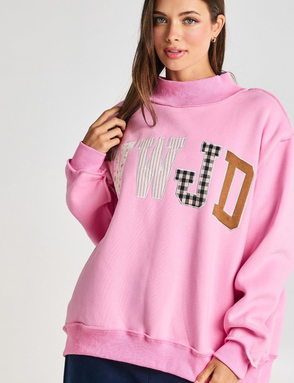Faith Lettering WWJD Mock Neck Sweatshirt in Baby Pink - product photo 1