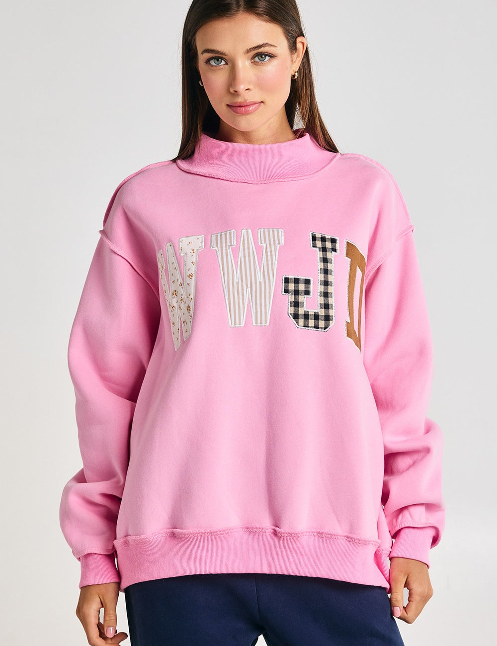 Faith Lettering WWJD Mock Neck Sweatshirt in Baby Pink - product photo 2