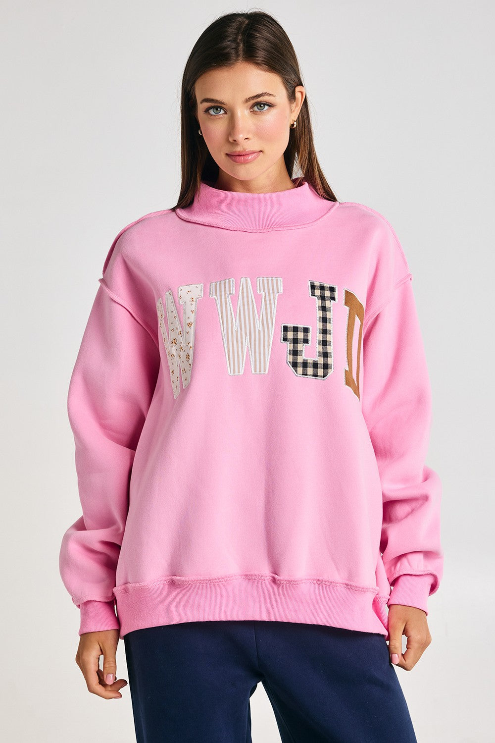 Faith Lettering WWJD Mock Neck Sweatshirt in Baby Pink - product photo 2