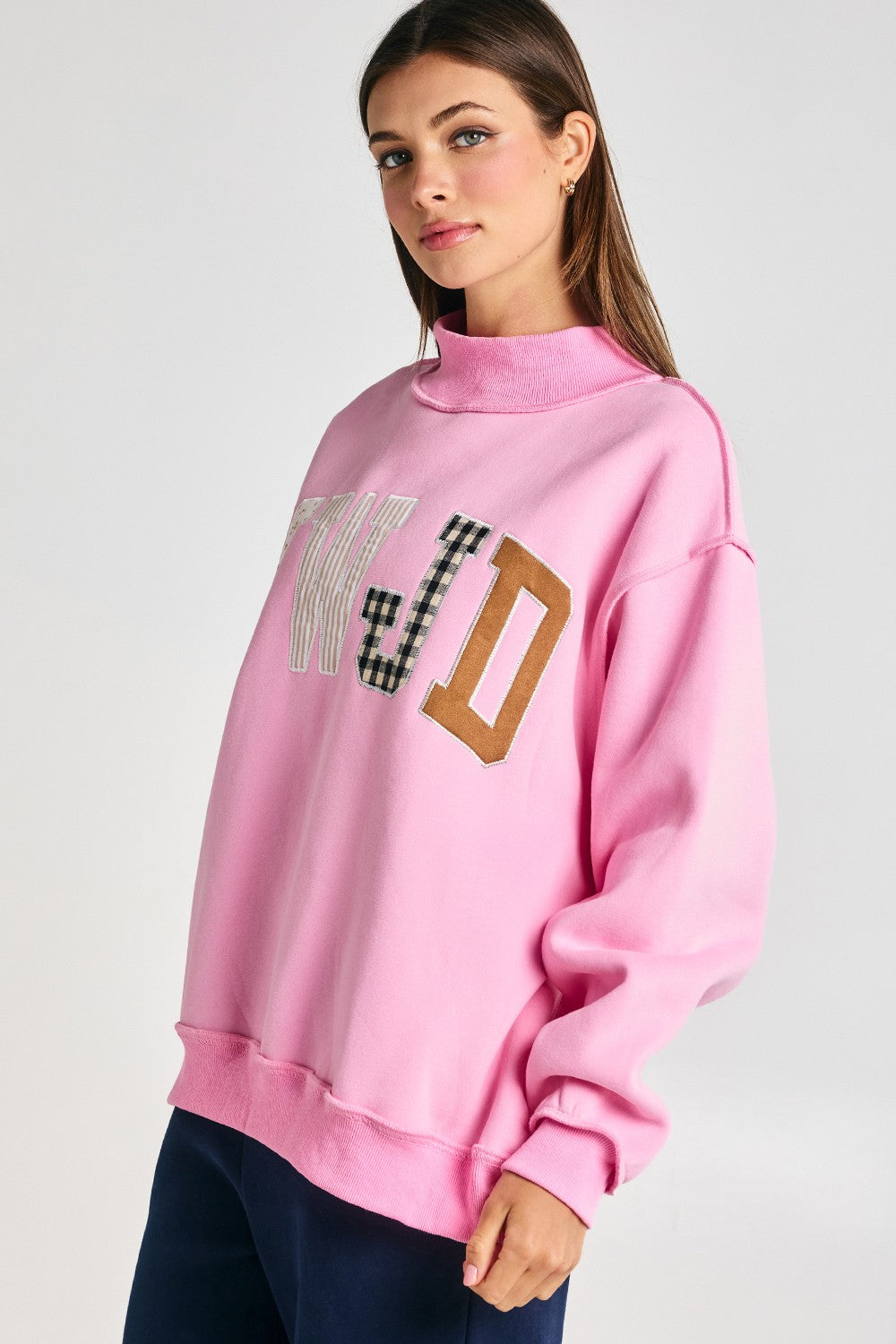 Faith Lettering WWJD Mock Neck Sweatshirt in Baby Pink - product photo 3