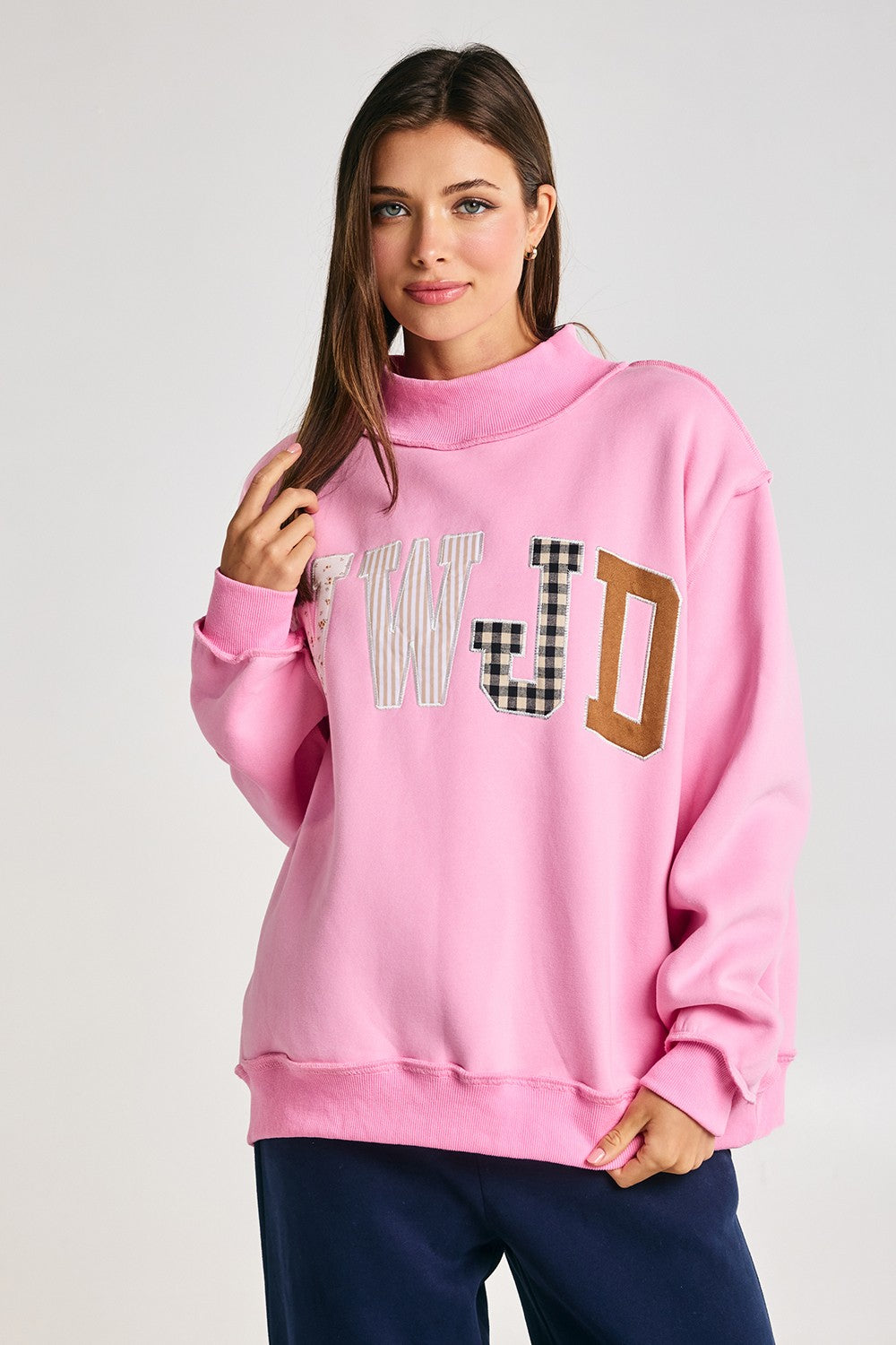 Faith Lettering WWJD Mock Neck Sweatshirt in Baby Pink - product photo 4