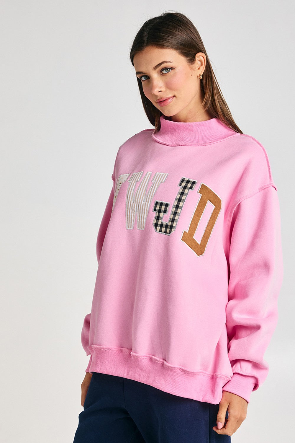 Faith Lettering WWJD Mock Neck Sweatshirt in Baby Pink - product photo 5