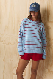 Faraday Stripe Rolled Hem Sweater - Light Blue Red