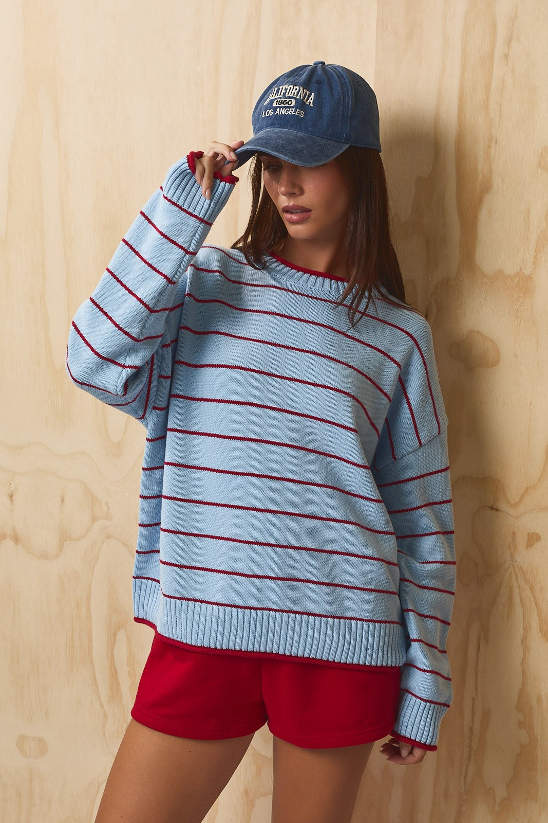 Faraday Stripe Rolled Hem Sweater - Light Blue Red