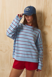 Faraday Stripe Rolled Hem Sweater - Light Blue Red