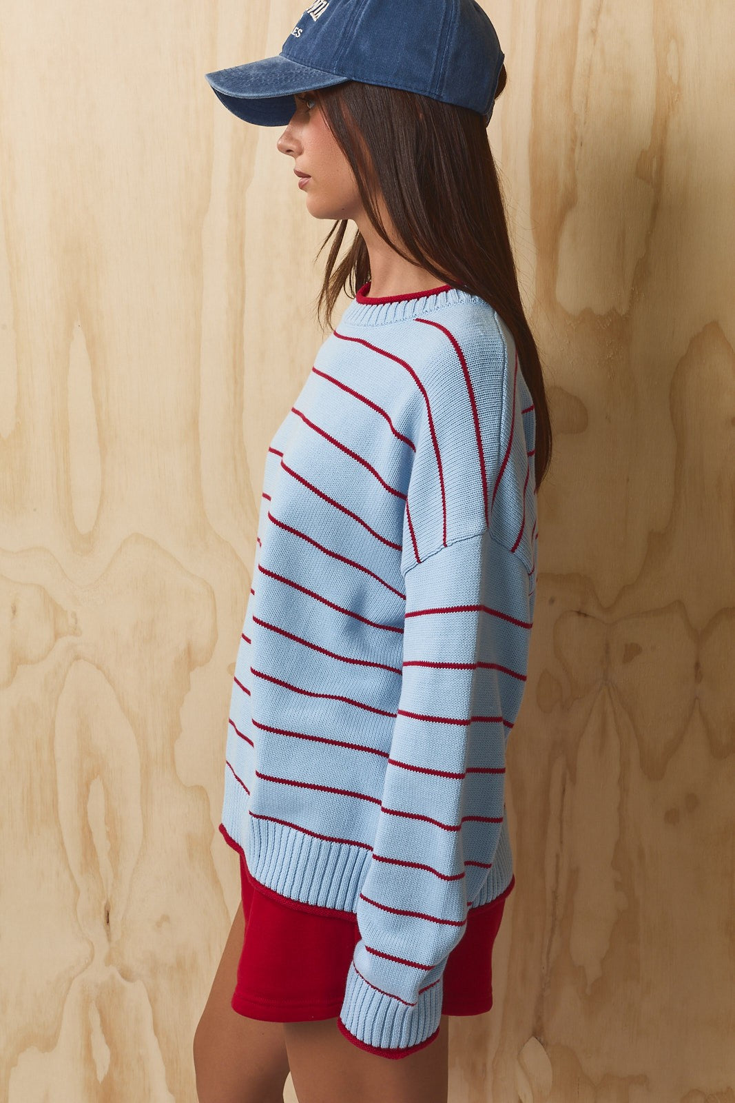 Faraday Stripe Rolled Hem Sweater - Light Blue Red