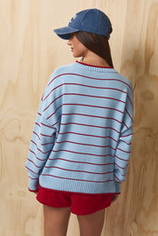 Faraday Stripe Rolled Hem Sweater - Light Blue Red
