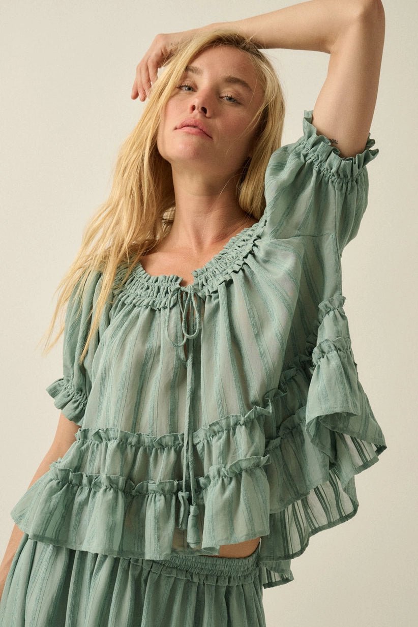 Farrah Puff - Sleeve Tiered Ruffle Babydoll Peasant Top - Westly