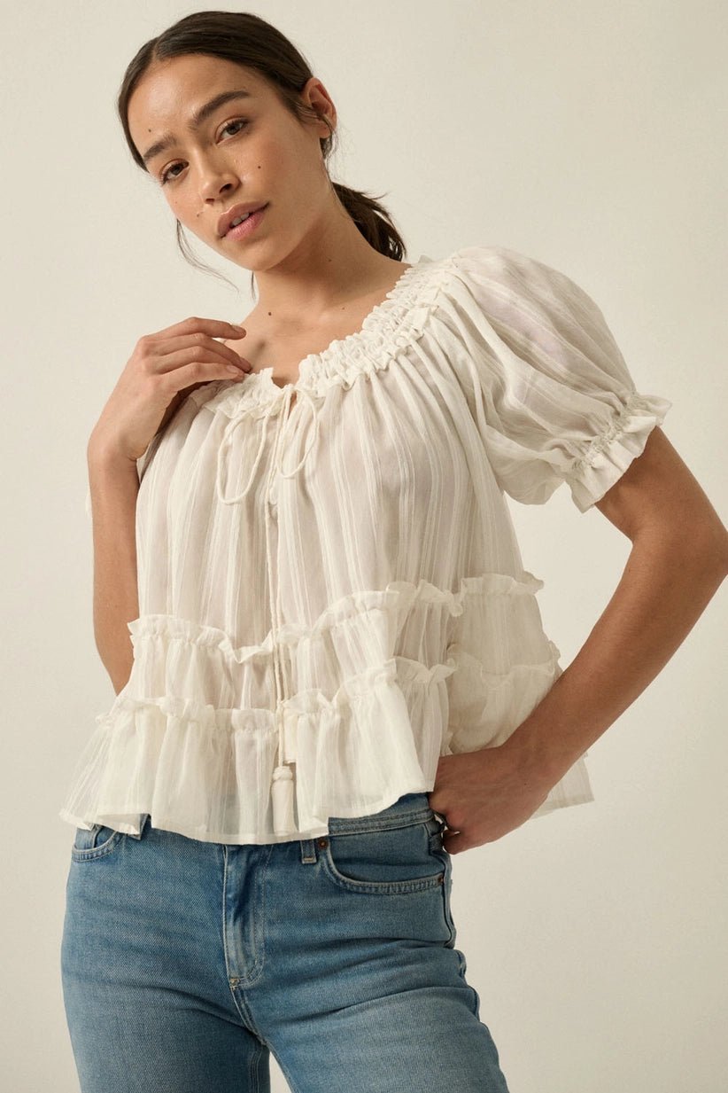 Farrah Puff - Sleeve Tiered Ruffle Babydoll Peasant Top - Westly
