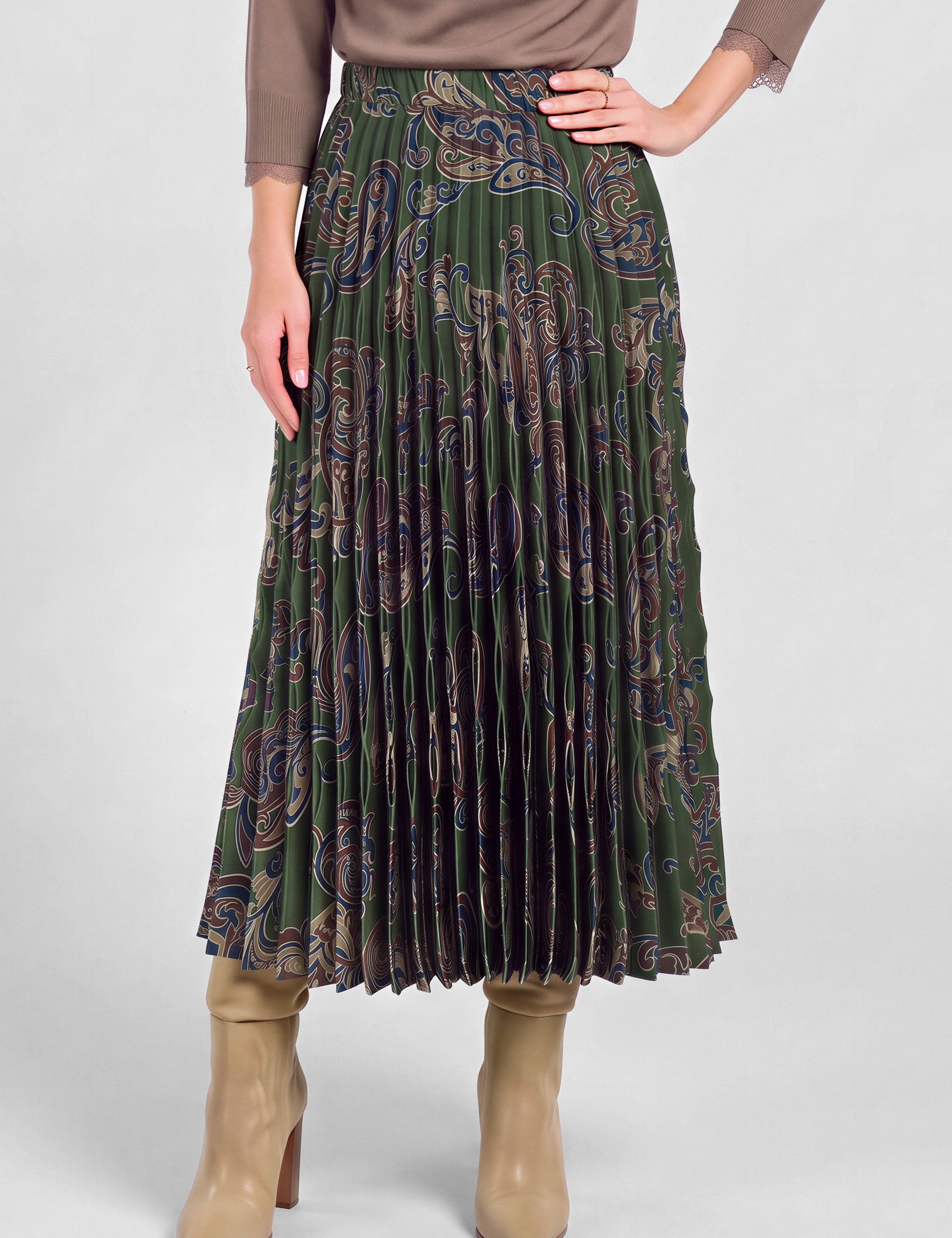 Fernvale Paisley Pleated Midi Skirt - Olive Multi