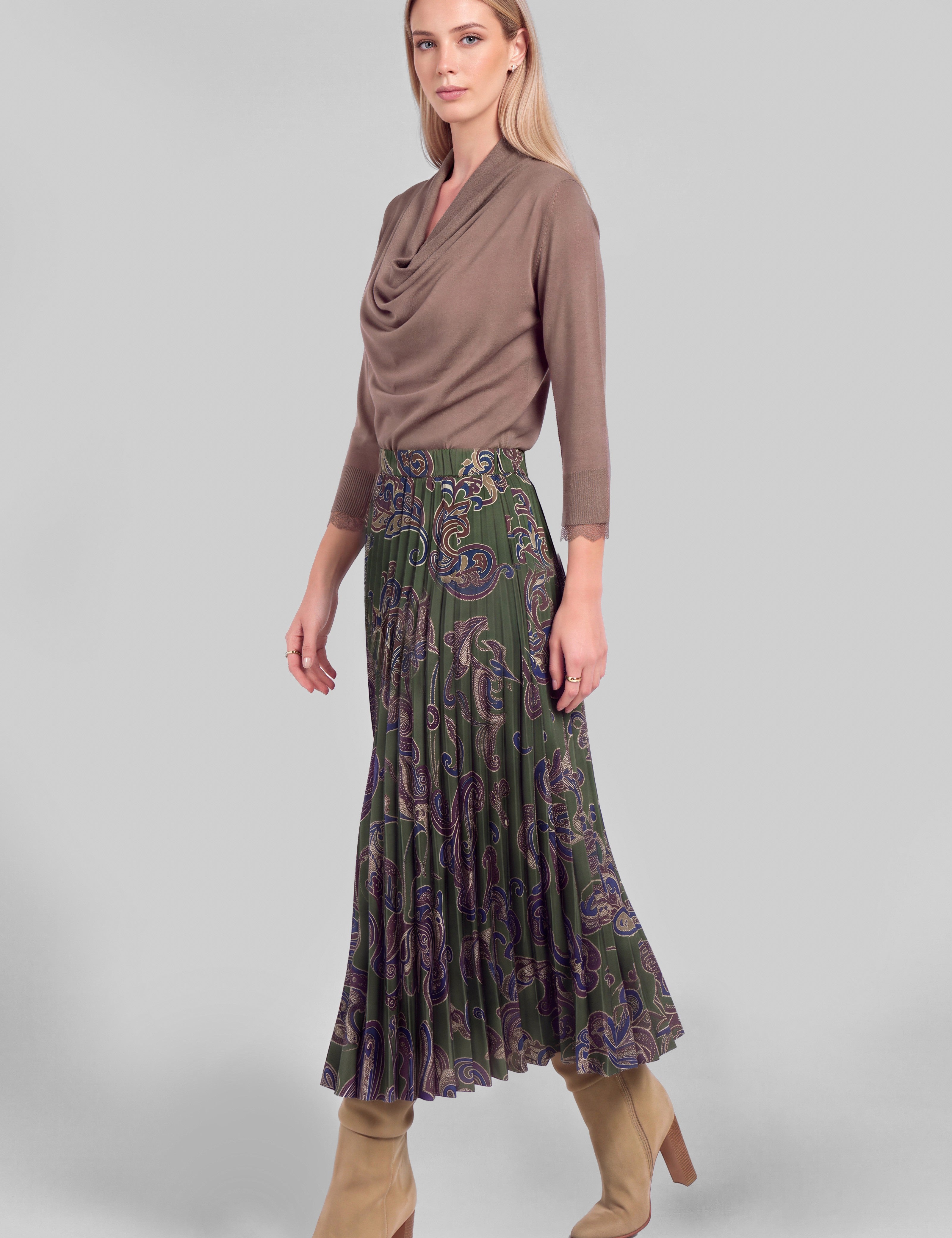 Fernvale Paisley Pleated Midi Skirt - Olive Multi