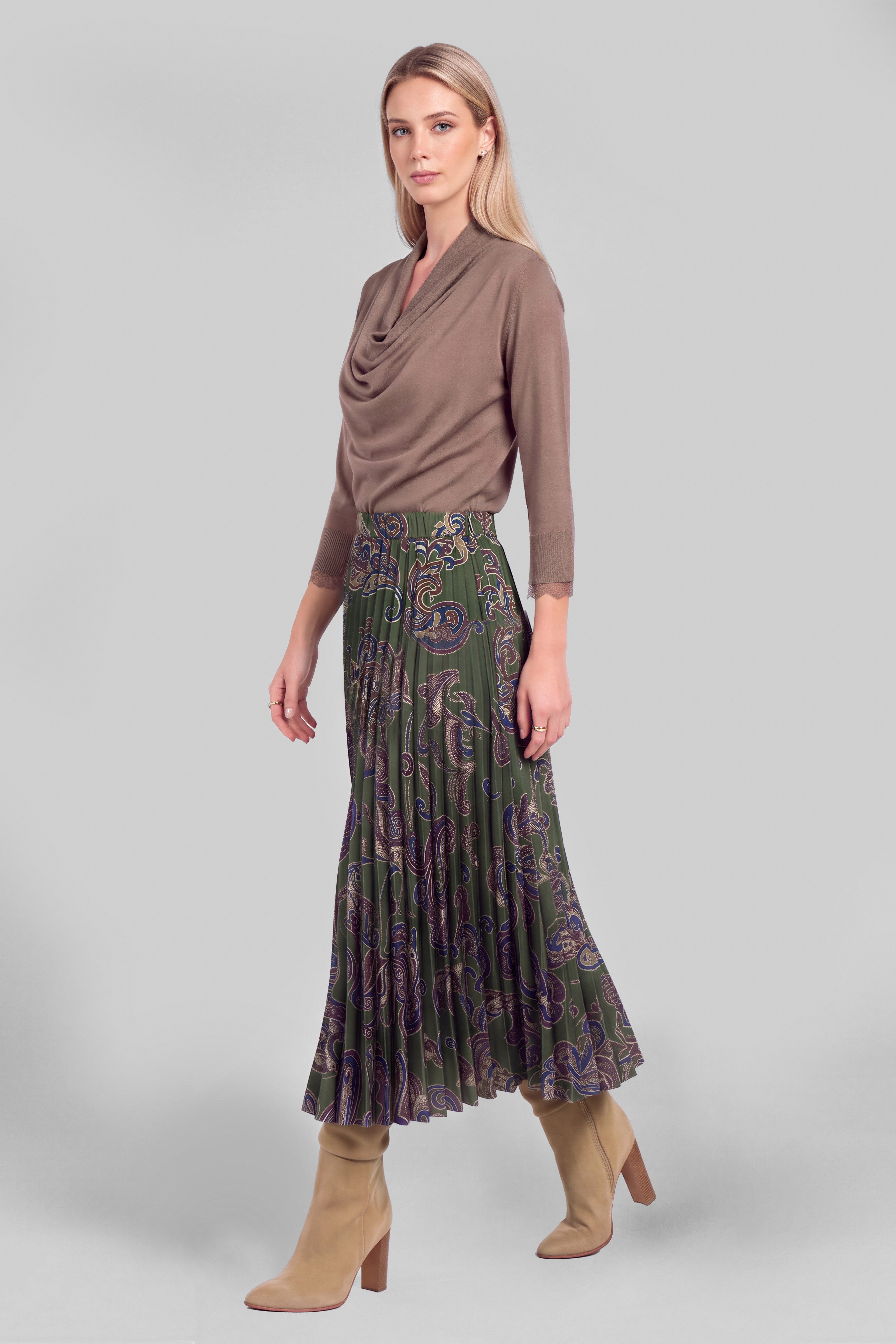 Fernvale Paisley Pleated Midi Skirt - Olive Multi