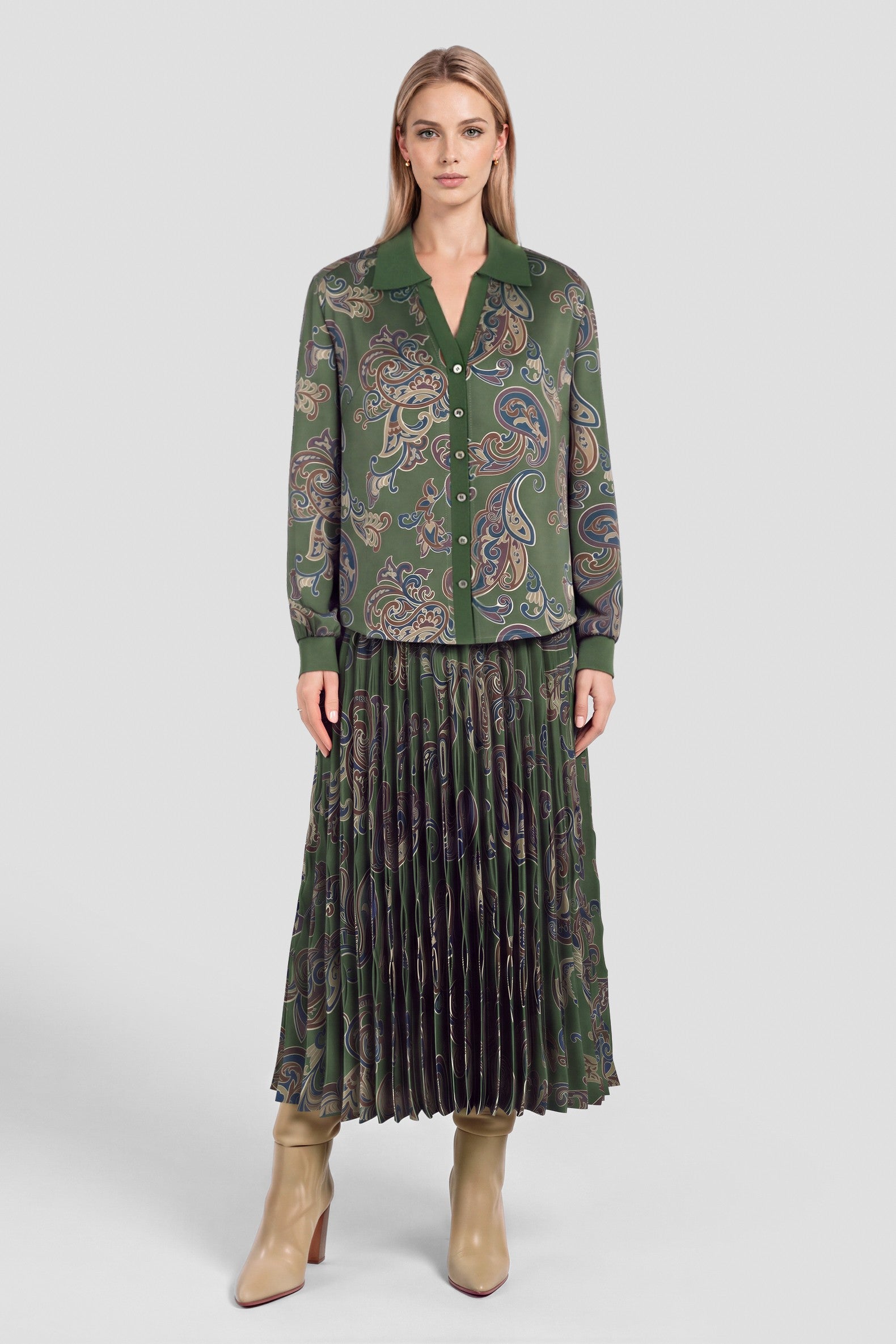 Fernvale Paisley Pleated Midi Skirt - Olive Multi