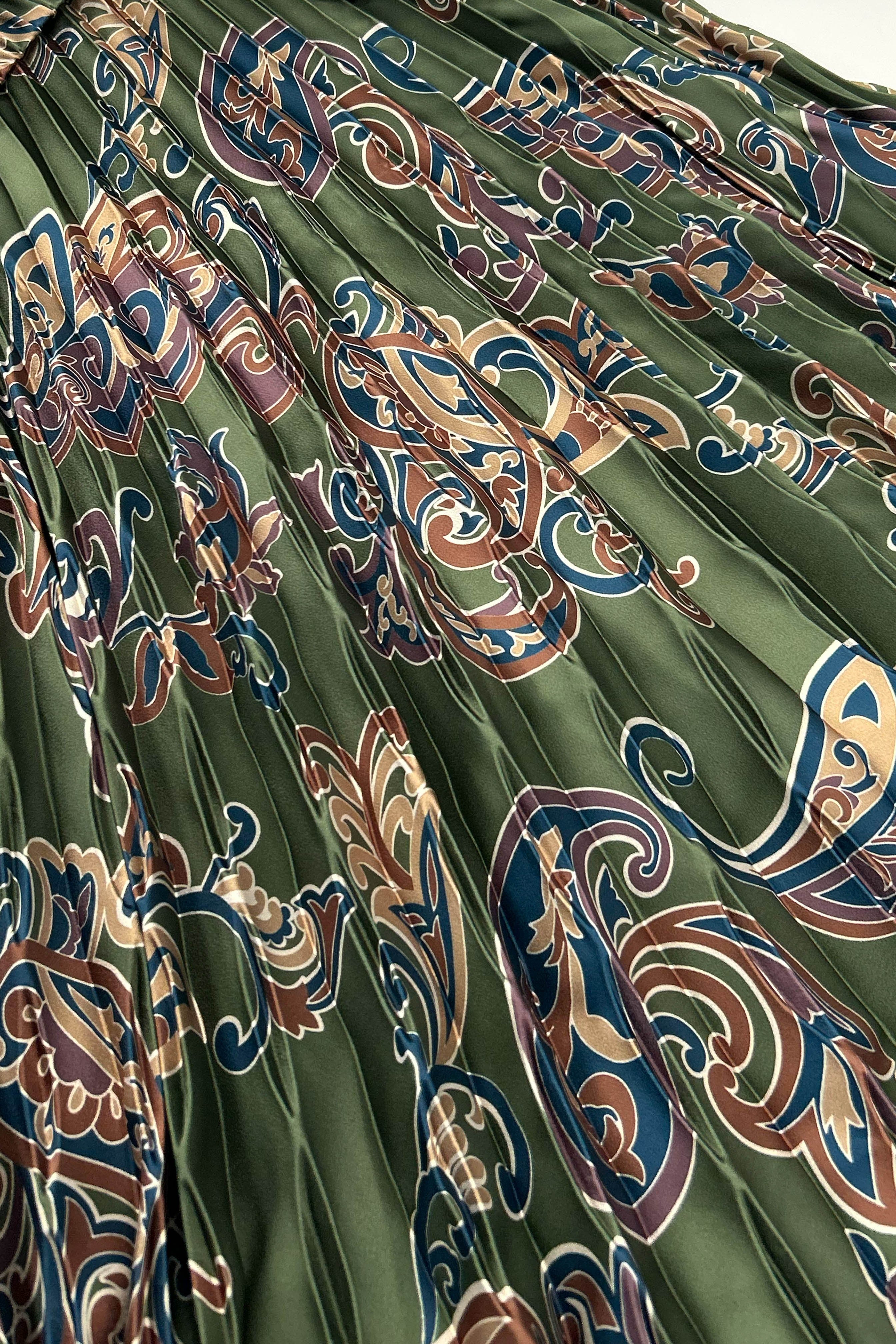 Fernvale Paisley Pleated Midi Skirt - Olive Multi