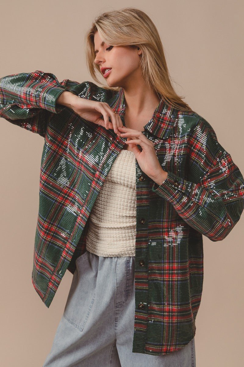 Festive Hour Sequin Plaid Shirt - Westly