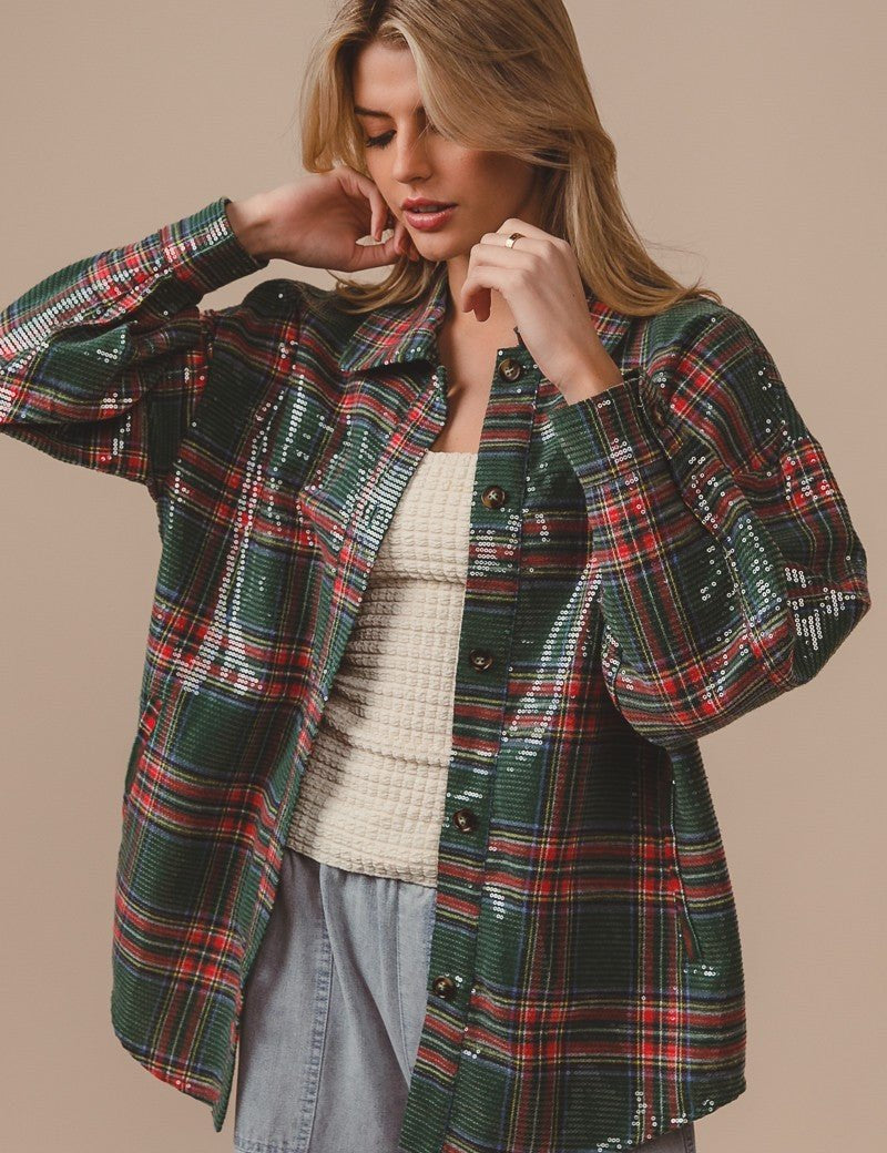 Festive Hour Sequin Plaid Shirt - Westly