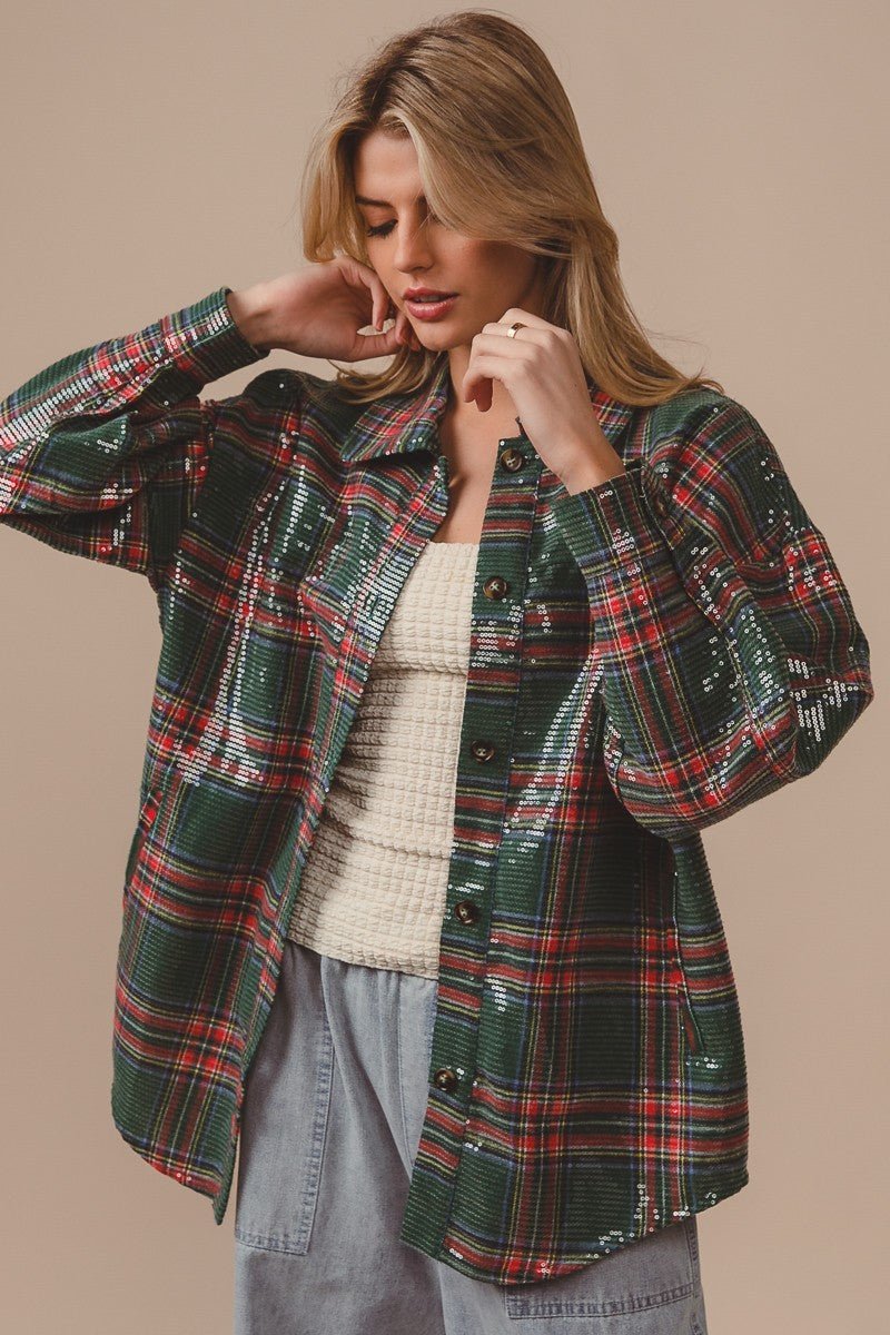 Festive Hour Sequin Plaid Shirt - Westly