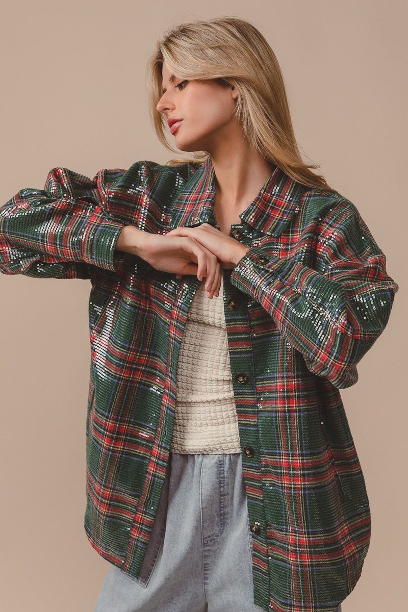 Festive Hour Sequin Plaid Shirt - Westly