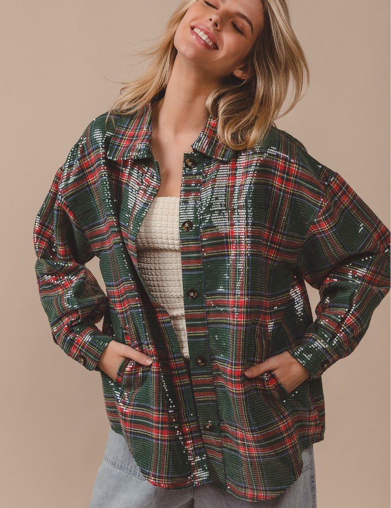 Festive Hour Sequin Plaid Shirt - Westly