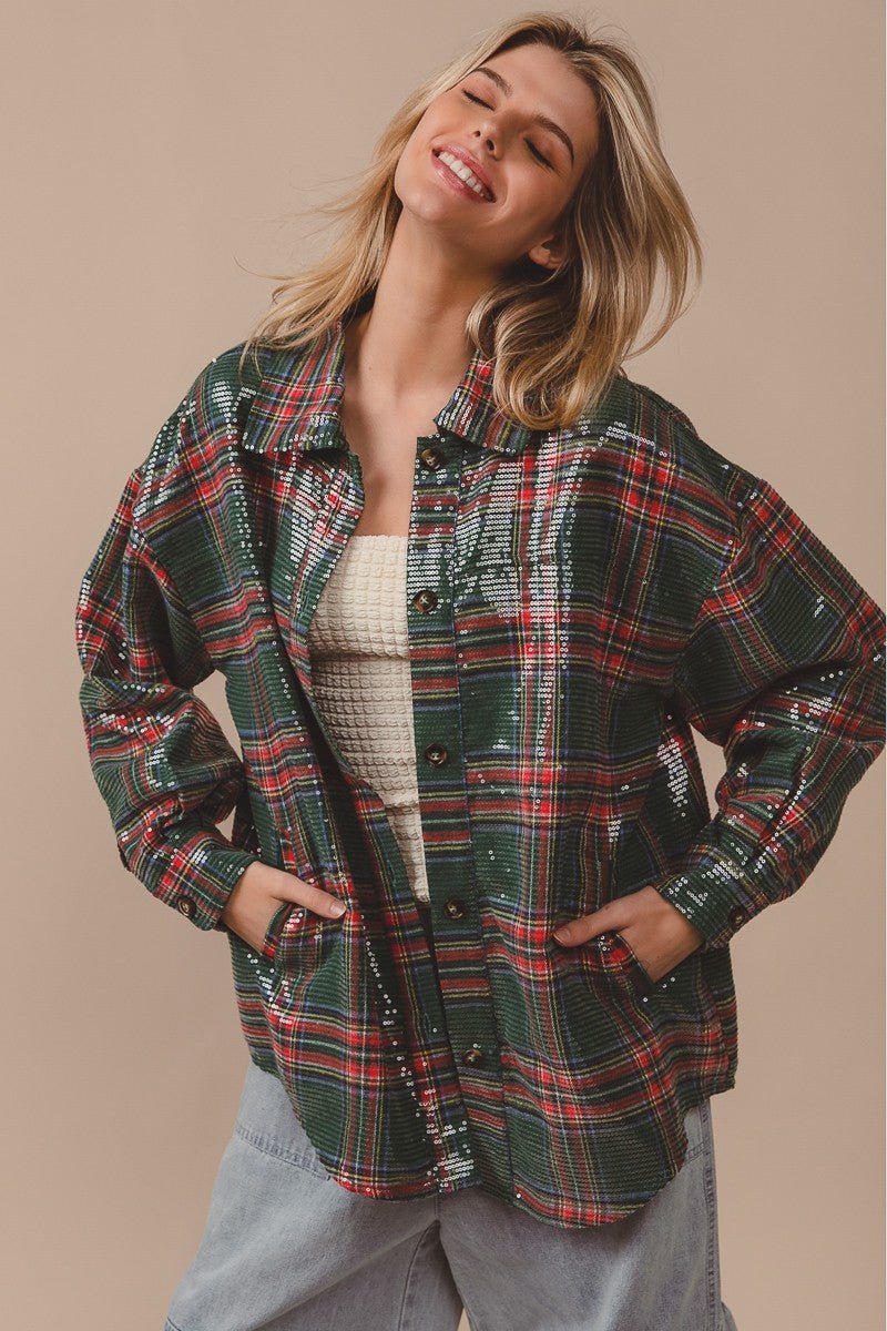 Festive Hour Sequin Plaid Shirt - Westly
