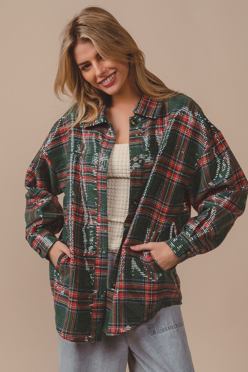 Festive Hour Sequin Plaid Shirt - Westly