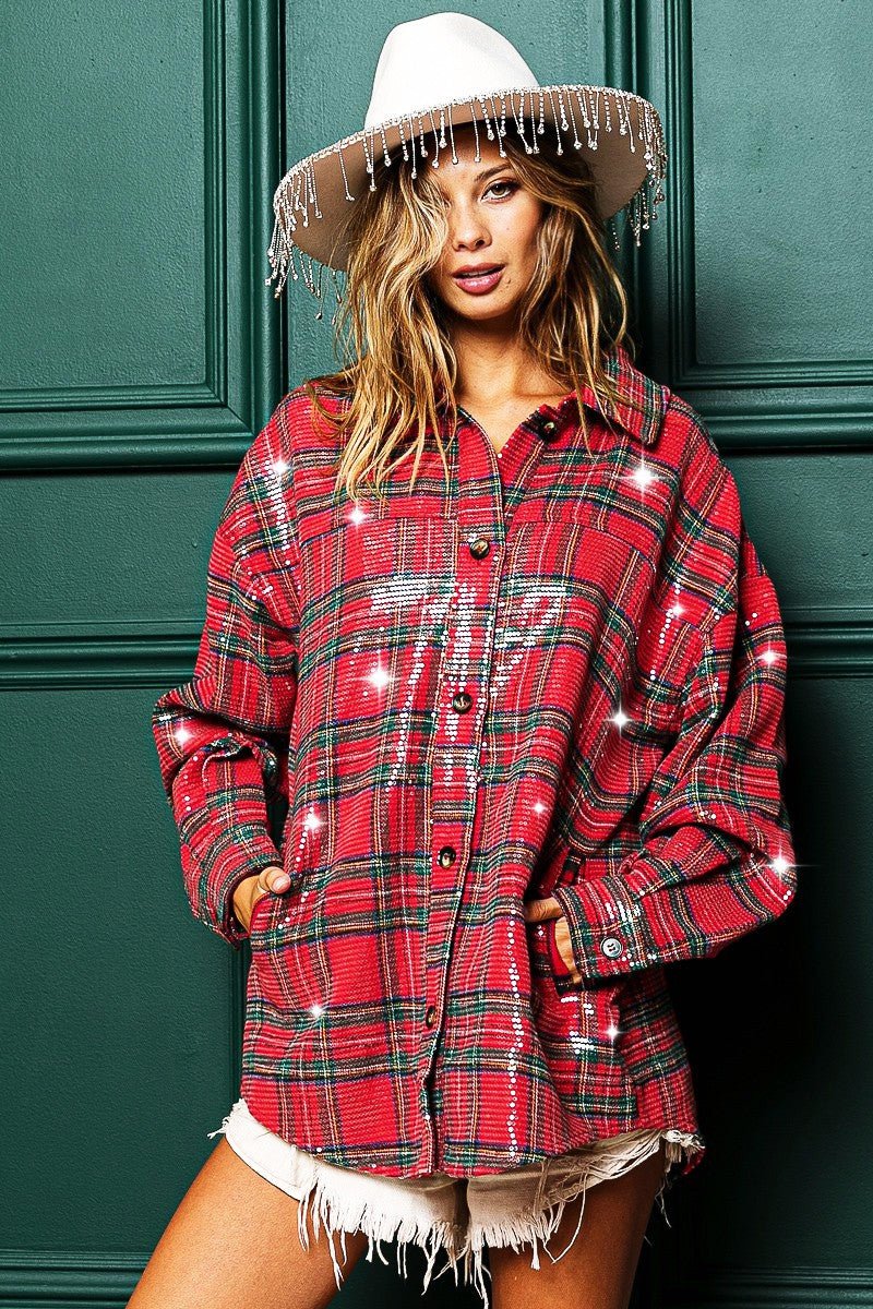Festive Hour Sequin Plaid Shirt - Westly