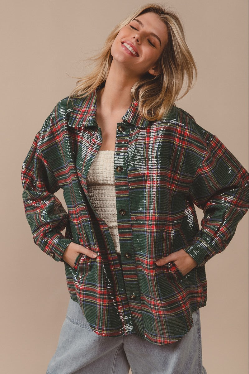 Festive Hour Sequin Plaid Shirt - Green Multi